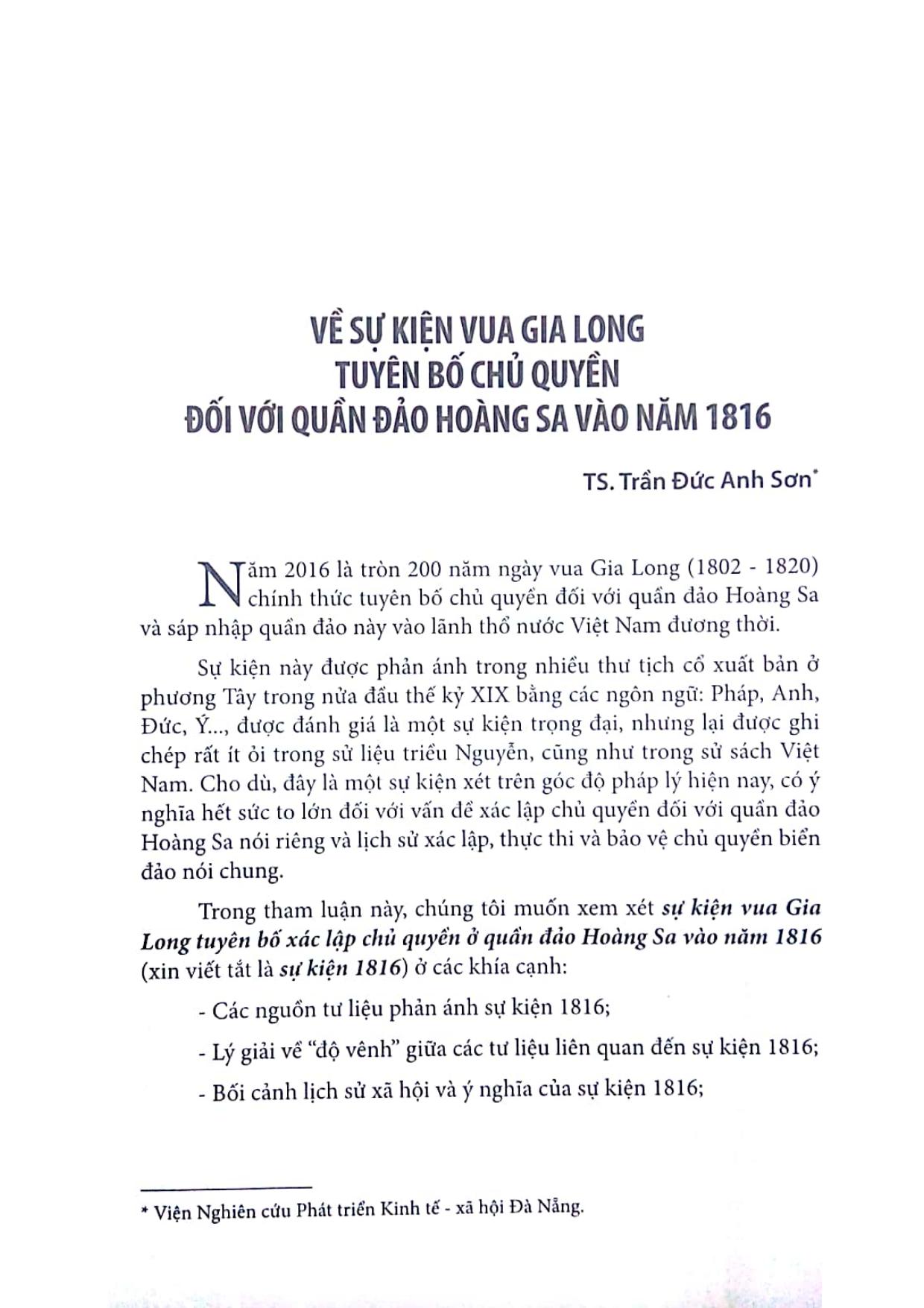 Về sự kiện vua Gia Long tuyên bố chủ quyền Hoàng Sa năm 1816
